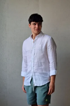 Camisa de lino hombre cuello americano blanca