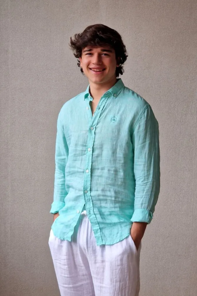 Camisa de lino hombre cuello americano verde mint