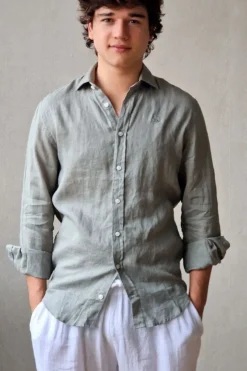 Camisa de lino hombre verde militar