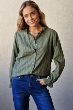Camisa de rayas lurex plateadas verde militar