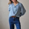 Camisa tipo bambula con detalles dorados azul jean