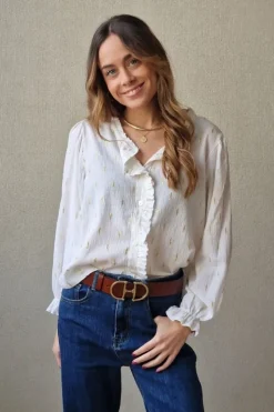 Camisa tipo bambula con detalles dorados blanca