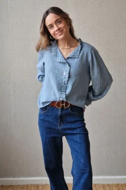 Camisa tipo bambula con detalles dorados azul jean