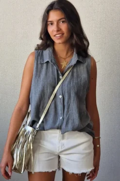 Camisa tipo lino sin mangas gris