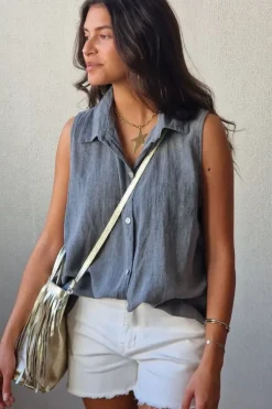 Camisa tipo lino sin mangas gris