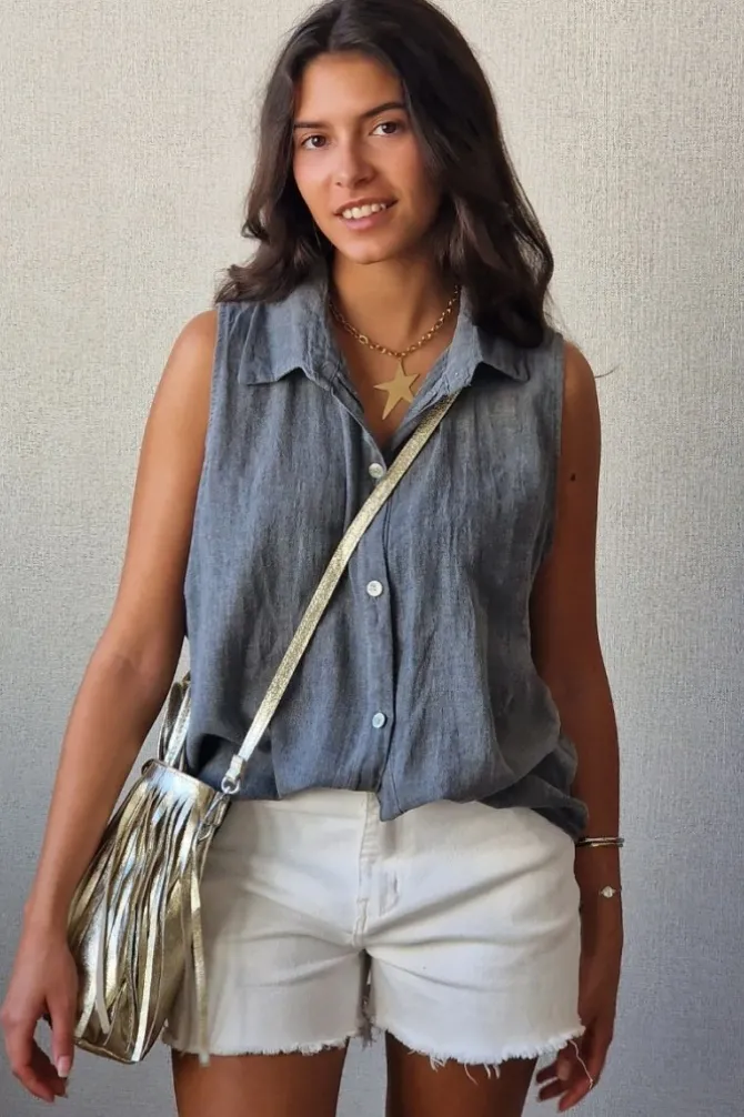 Camisa tipo lino sin mangas gris