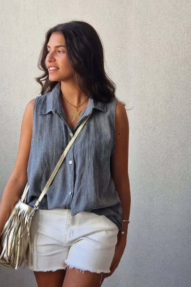 Camisa tipo lino sin mangas gris