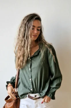Camisa verde militar Teen cuello volantito