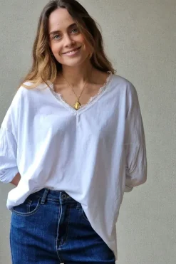 Camiseta blanca de cuello pico con puntilla