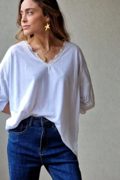 Camiseta blanca de cuello pico con puntilla