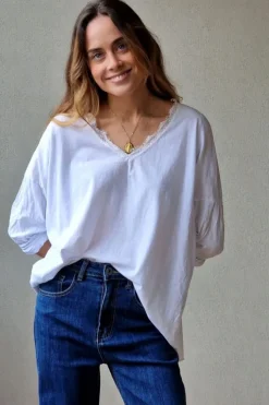 Camiseta blanca de cuello pico con puntilla