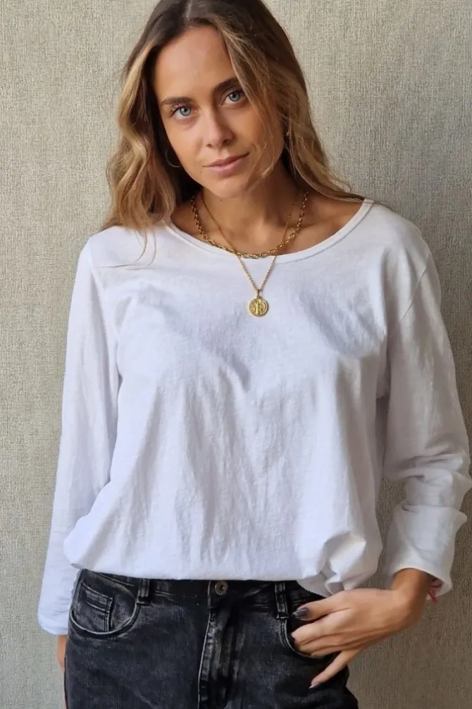 Camiseta básica cuello redondo de manga larga blanca