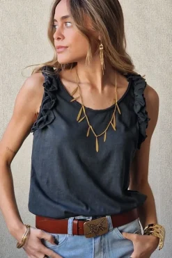 Camiseta tirantes volante manga gris oscuro