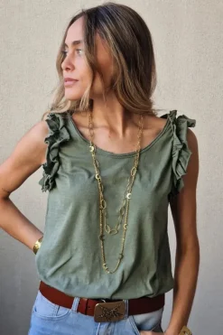 Camiseta tirantes volante manga verde militar
