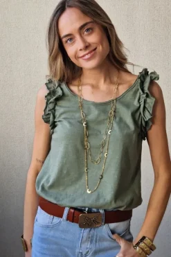 Camiseta tirantes volante manga verde militar