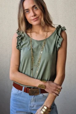 Camiseta tirantes volante manga verde militar