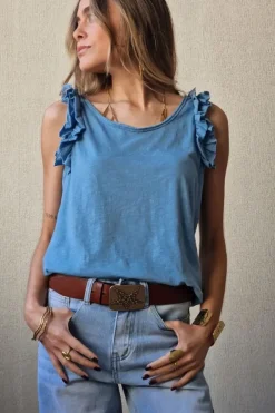 Camiseta tirantes volante manga azul jean