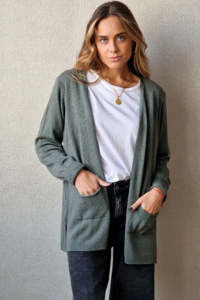 Chaqueta de punto con bolsillos verde militar