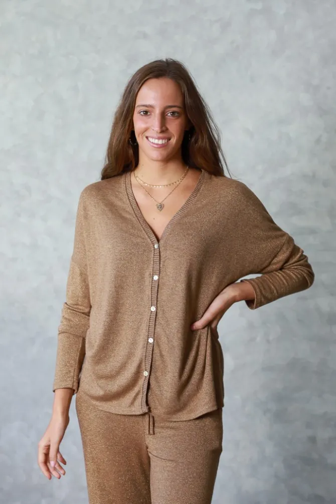 Chaqueta de punto fino con lurex camel