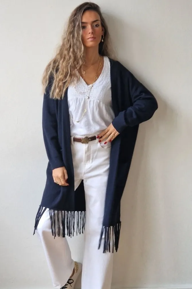 Chaqueta midi azul marino con flecos