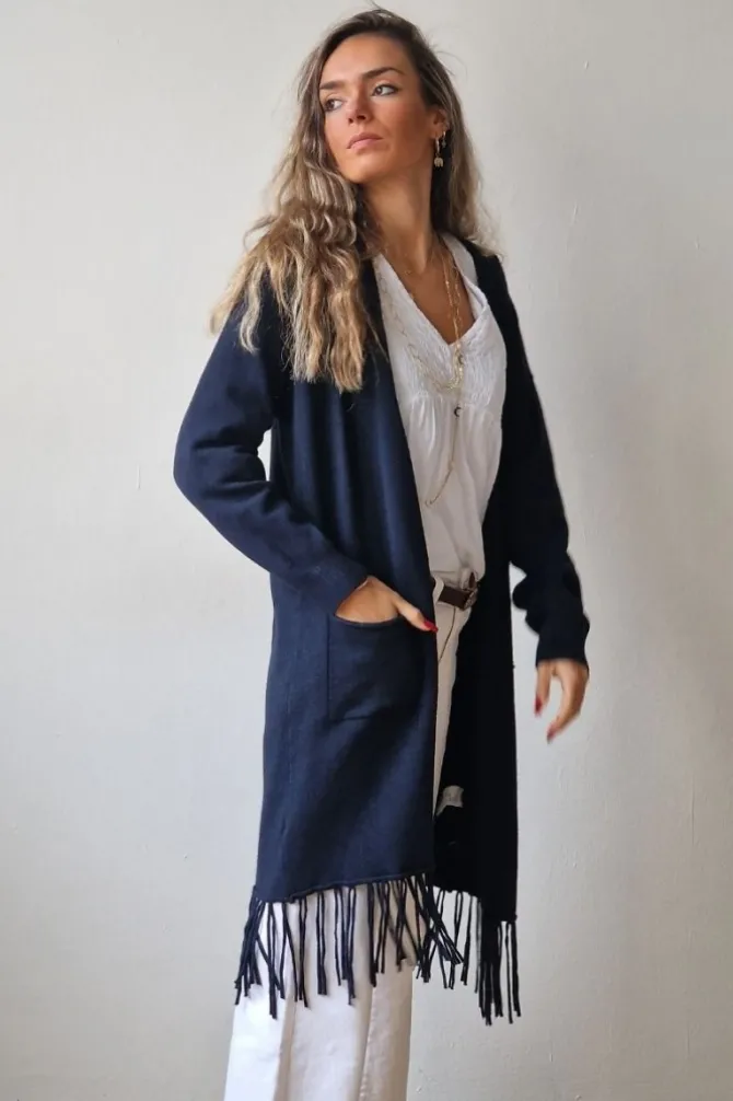 Chaqueta midi azul marino con flecos