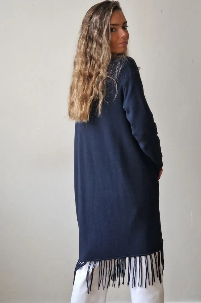 Chaqueta midi azul marino con flecos