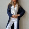 Chaqueta oversize larga de mujer con manga francesa azul marino