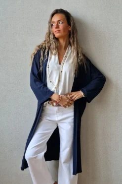 Chaqueta oversize larga de mujer con manga francesa azul marino