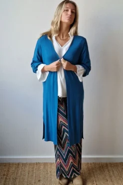 Chaqueta oversize larga de mujer con manga francesa azul petróleo