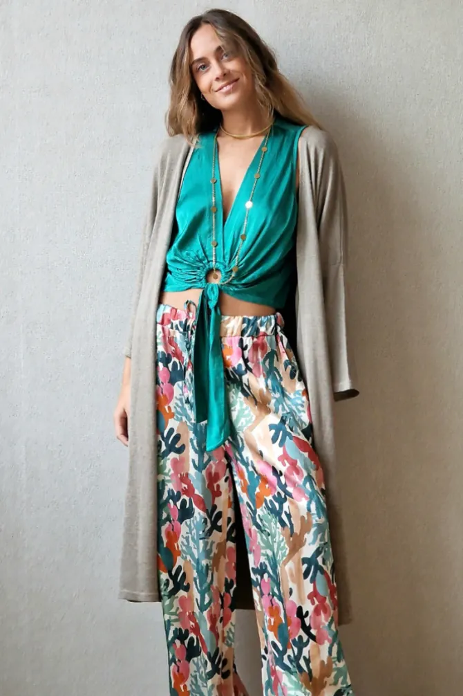 Chaqueta oversize larga de mujer con manga francesa topo