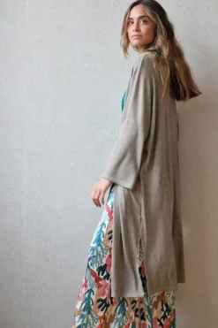 Chaqueta oversize larga de mujer con manga francesa topo