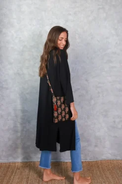 Chaqueta oversize larga de mujer con manga francesa negra