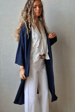 Chaqueta oversize larga de mujer con manga francesa azul marino