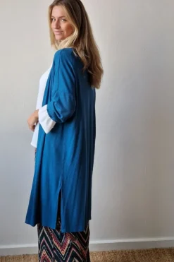 Chaqueta oversize larga de mujer con manga francesa azul petróleo