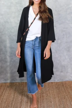 Chaqueta oversize larga de mujer con manga francesa negra