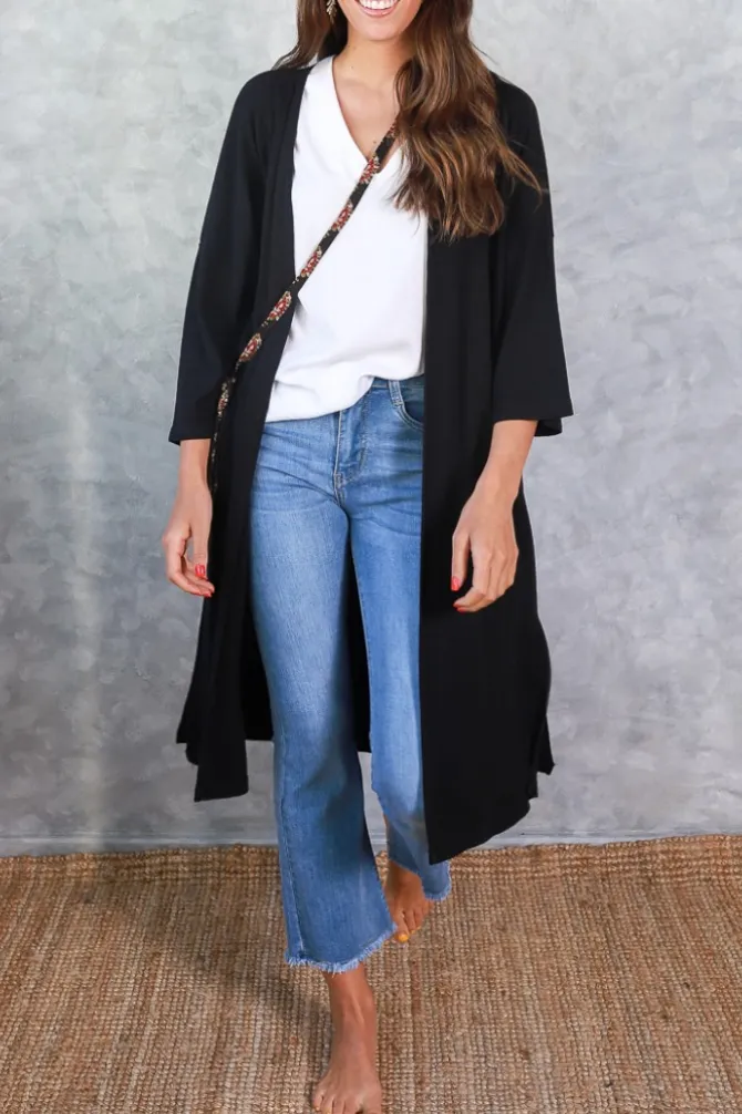 Chaqueta oversize larga de mujer con manga francesa negra