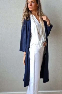Chaqueta oversize larga de mujer con manga francesa azul marino