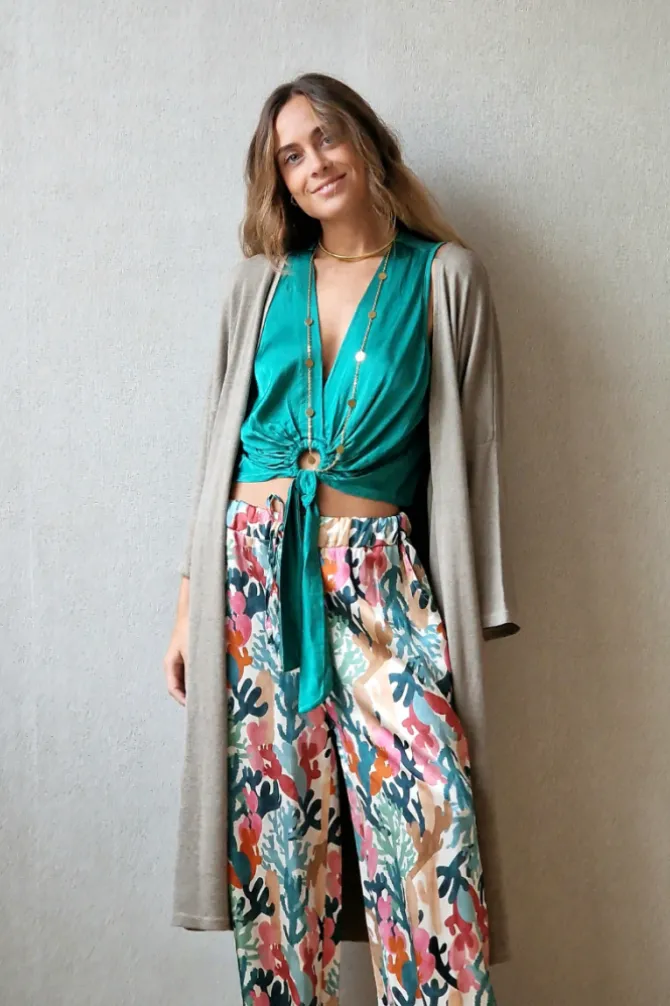 Chaqueta oversize larga de mujer con manga francesa topo