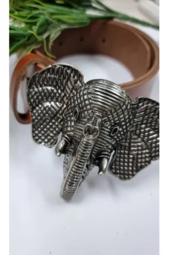 Cinturón de piel camel con hebilla de cabeza de elefante plata