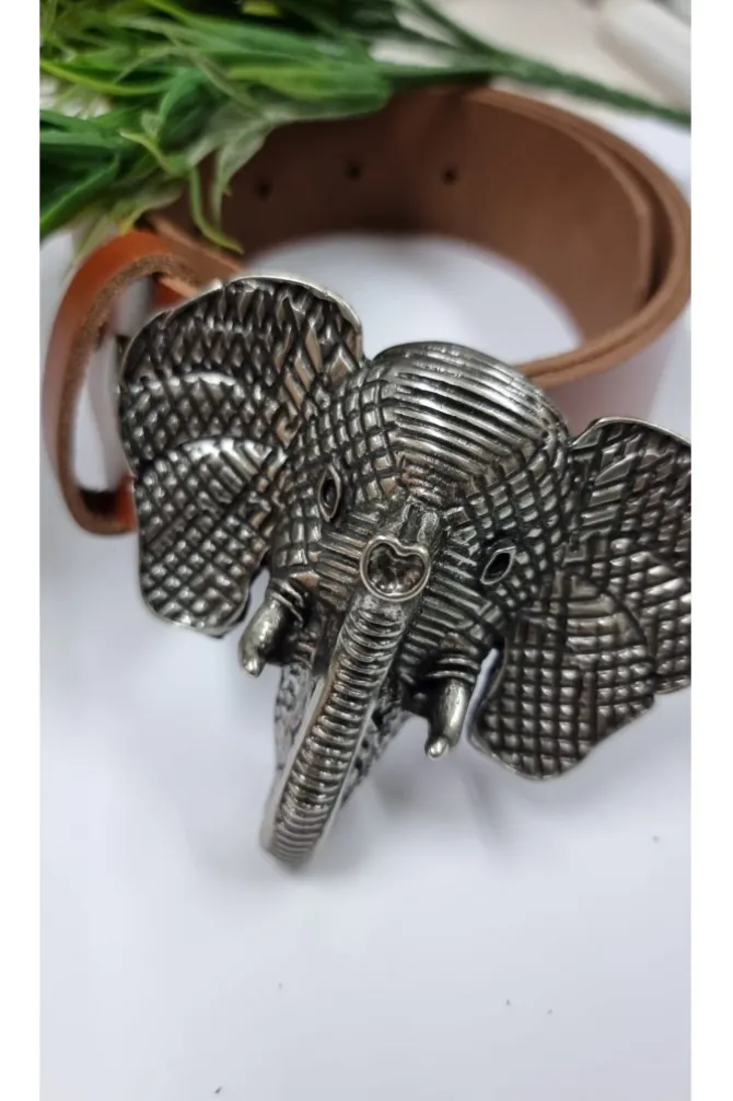 Cinturón de piel camel con hebilla de cabeza de elefante plata