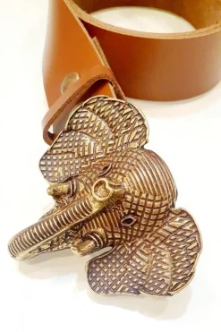 Cinturón de piel camel con hebilla cabeza pq de elefante