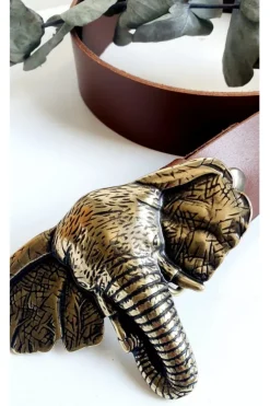 Cinturón de piel camel con hebilla cabeza de elefante