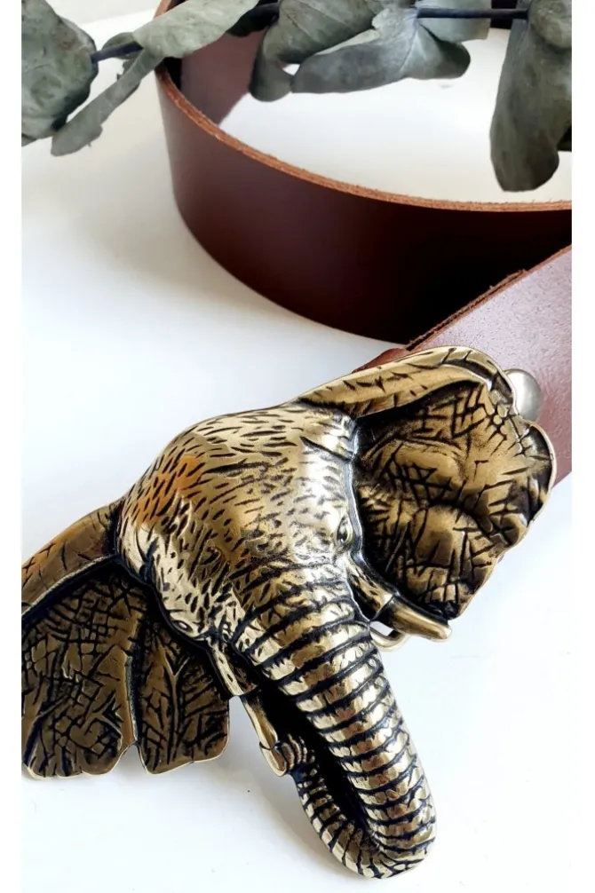 Cinturón de piel camel con hebilla cabeza de elefante