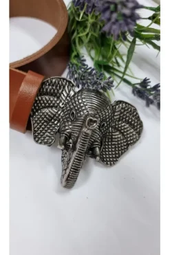 Cinturón de piel camel con hebilla de cabeza de elefante plata
