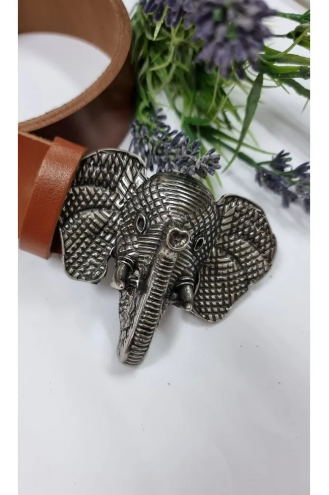 Cinturón de piel camel con hebilla de cabeza de elefante plata