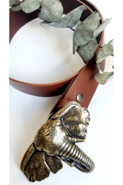 Cinturón de piel camel con hebilla cabeza de elefante