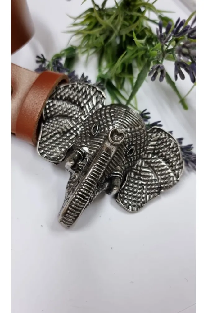 Cinturón de piel camel con hebilla de cabeza de elefante plata