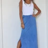 Falda larga de algodón con aberturas laterales color azulón
