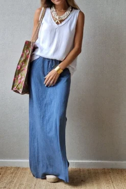Falda larga de algodón con aberturas laterales azul jeans