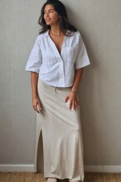 Falda larga de algodón con aberturas laterales beige